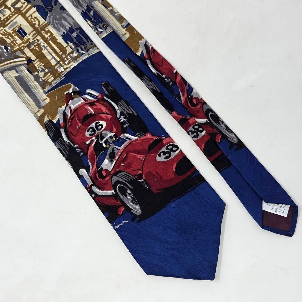 RM STYLE SILK TIE MONACO INDY RACING CARS BLUE RED SATIN 3.75" X 59" VINTAGE